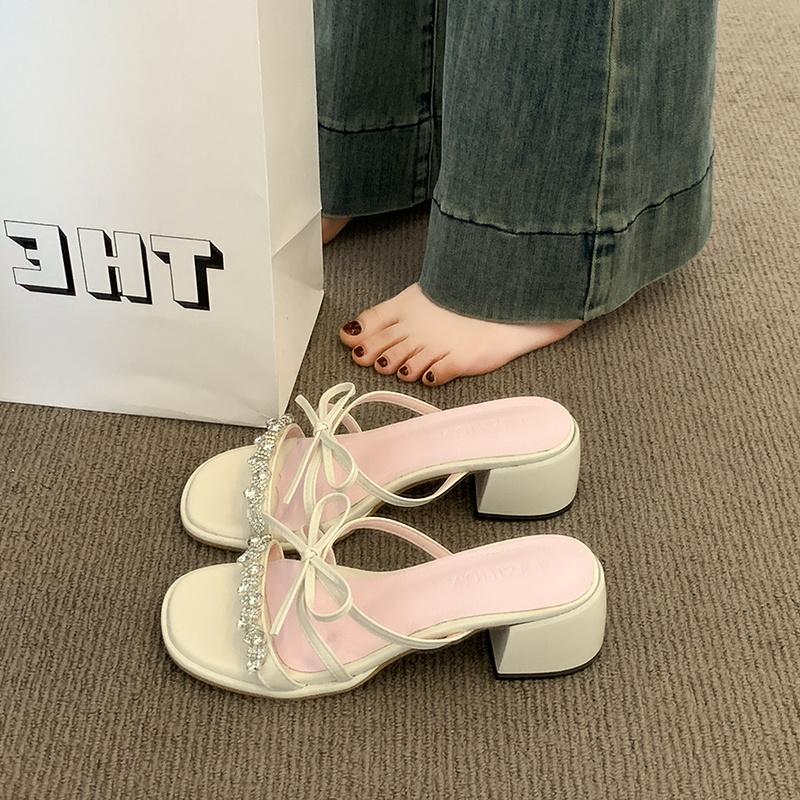Fashion Med Square heel Slippers Casual Shoes Slipers Women Slides Butterfly-Knot Block Luxury 2025 Silver Butterfly-knot Slippers Casua