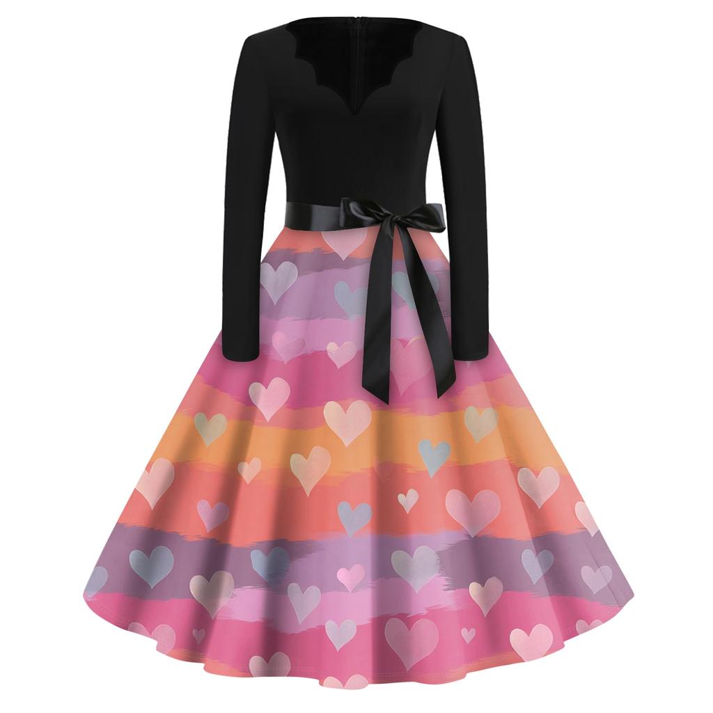 Print Flare Dress For Women Long Sleeve Dress Hollow Party Casual Dresses