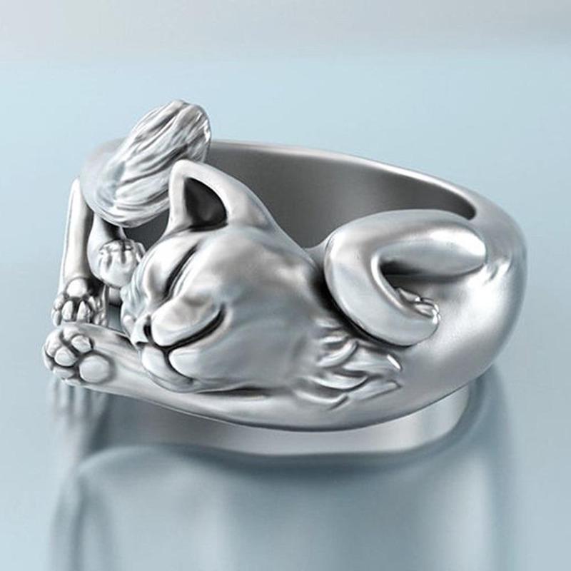 Vintage Silver Finger Jewelry Unisex Plated Cats Ring Gift