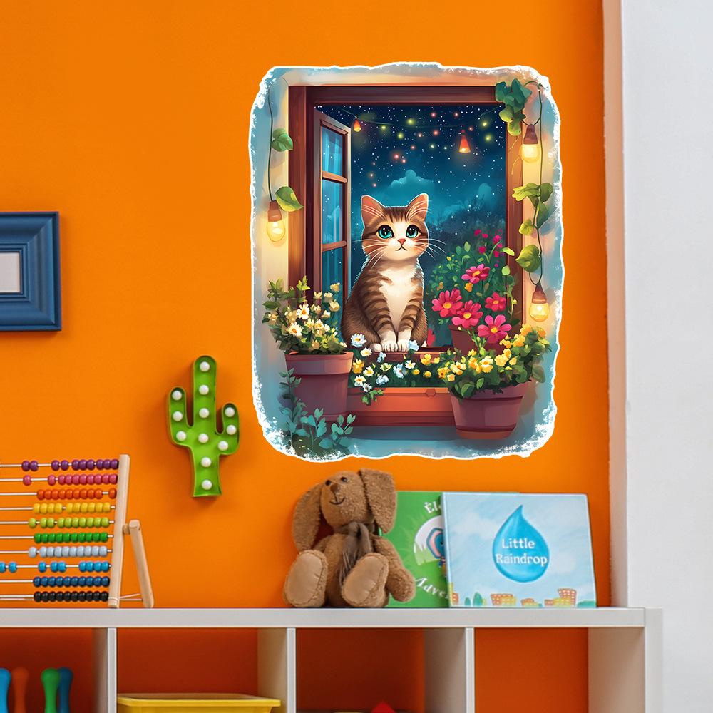 Creative False Window Cat Beautiful Starry Sky Bedroom Living Room Home Background Beautification and Decoration Wall Stickers