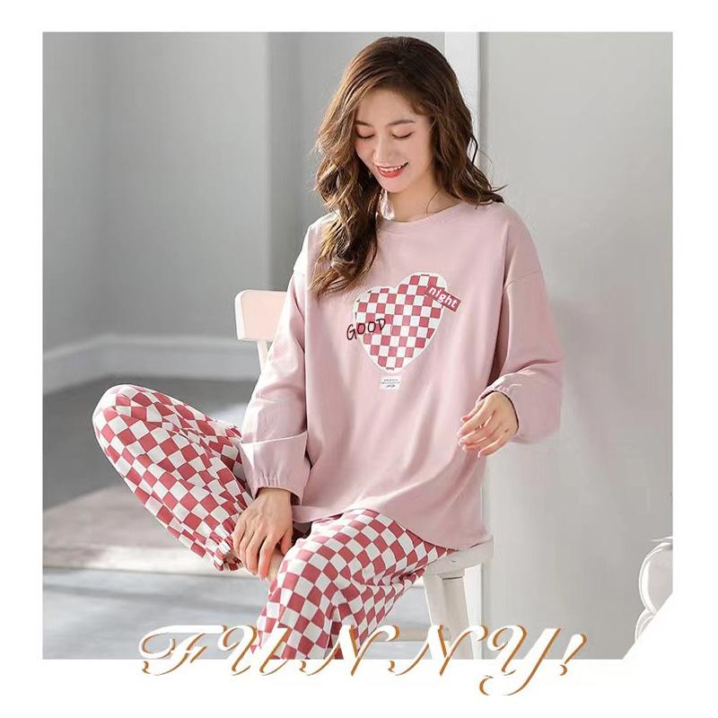 Dam Tecknad Pyjamas Set Långärmade Toppar och Byxor Tvådelad Sovkläder Loungewear Kärlekstryck Dam Nattkläder Hemkläder