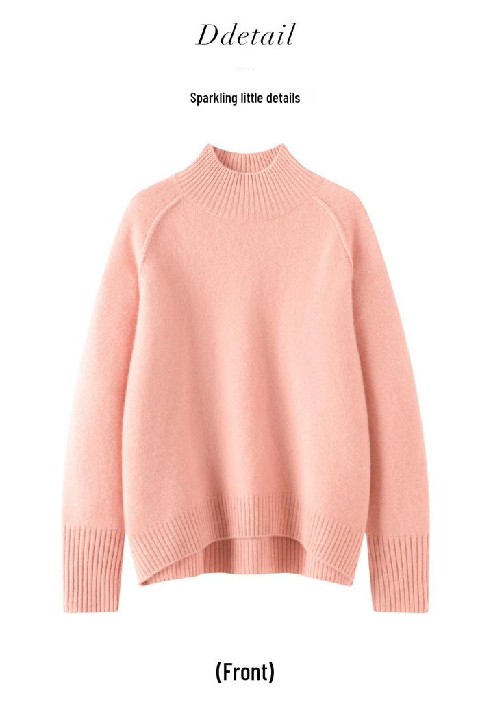 Women's Cashmere Knit Sweater - Solid Color, Half-High Collar, Loose Slimming Fit, Thick Drop Shoulder Sleeves for Autumn/Winter