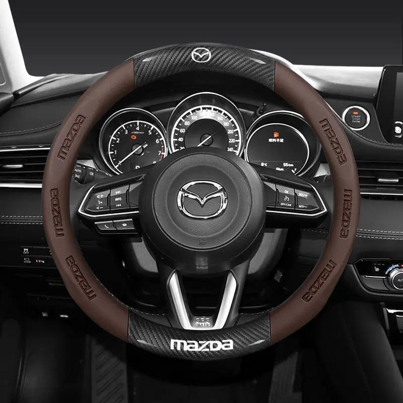 2025 Hot 38CM Carbon Fiber Leather Steering Wheel Cover For Mazda 2 3 CX5 CX30 CX8 CX3 Mazda2 6 5 CX9 BT50 Car Accessories