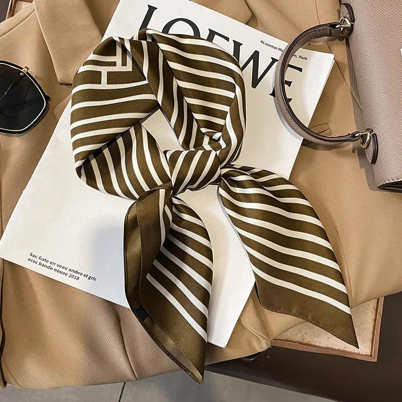 Luxury Skinny Square Scarf Women Stripe Print Neckerchief Hairband Lady Soft Satin Hijab Headband Bag Ribbon Foulard Office Gift