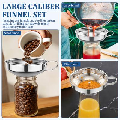 3 Packs Stainless Steel Canning Funnels with Strainer Wide Mouth Jar Funnels Kitchen Gadgets for Jam Oil Spice Sugar Flour