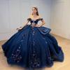 European and American sexy one-word shoulder navy blue off-the-shoulder bar mitzvah dress 1011 new applique fluffy colored yarn princess dress