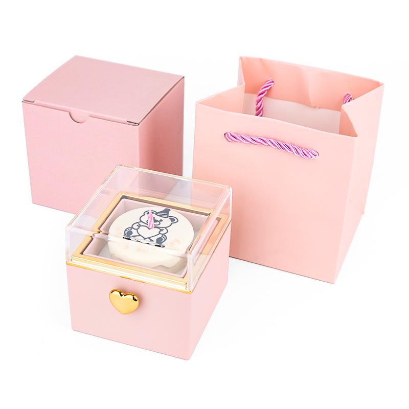 Luxury Rotating Acrylic Jewelry Box with Preserved Rose, Teddy Bear, and Birthday Cake Design