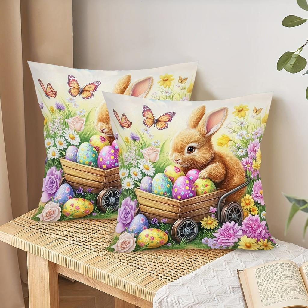 Happy Easter Cushion Cover Colorful Easter Cute Bunny Pillow Case Peachskin Material Pillow Cover Easter Decoration Home Decor