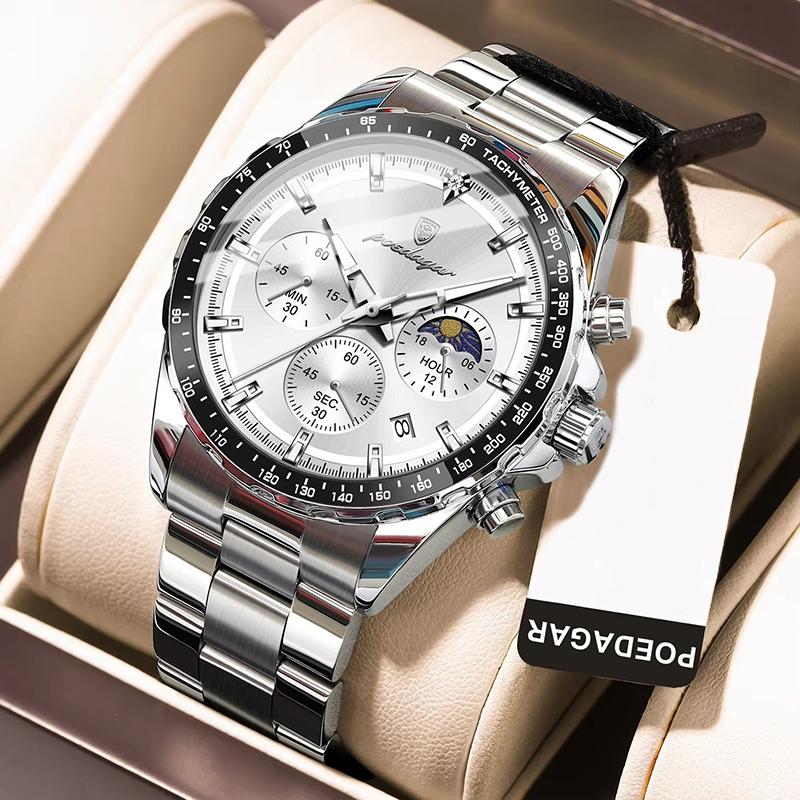 Mens Watches Multifunctional Chronograph Watch For Men 30M Waterproof Luminous Moon Phase Quartz Wristwatches Box