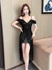 Contrast Color Sequin Spaghetti Strap Slit Evening Gown