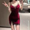 Bra Korean Velvet Lace Splicing Suspender V-neck Dress Women's Pure Desire Style Sexy Waist Split Skirt