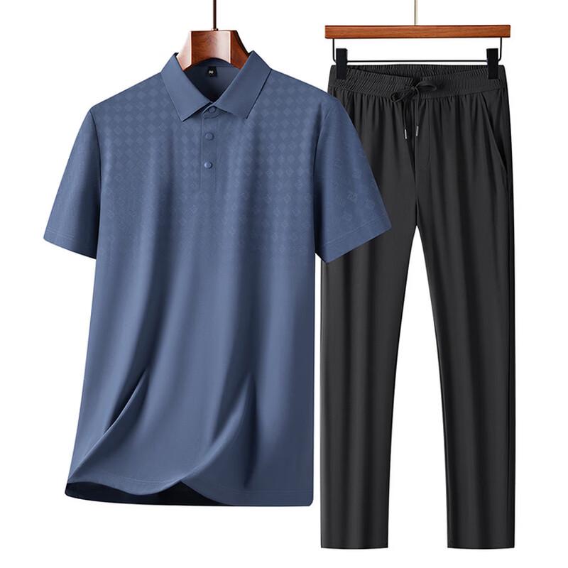 Romon Men's Ice Silk Short-Sleeve Polo Shirt & Pants Set