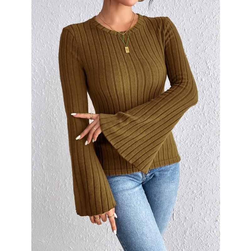 Women S Solid Slim Fit Sweater Round Neck Flared Sleeve Autumn Casual
