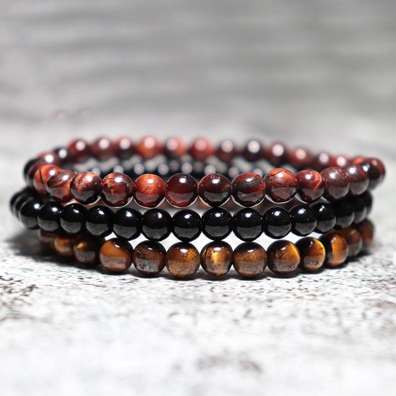 Fashion Beaded Bracelet Set Men 6mm Lava Tiger Eyes Obsidian Howlite Stone Healing Braclet Pulseras Hombre Cool Riding Jewelry