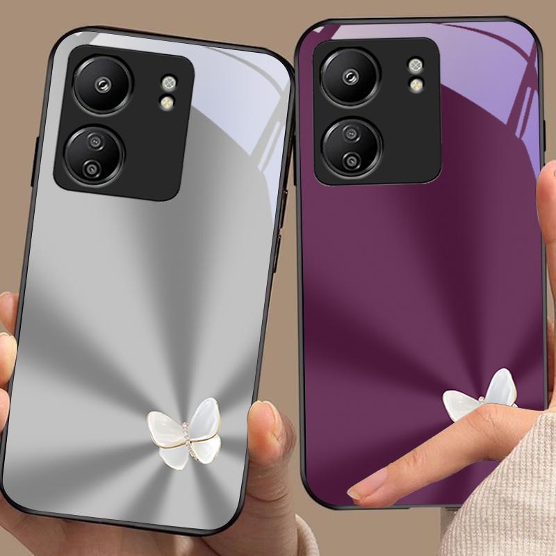 Gradient White Butterfly For Xiaomi Redmi 13C Note13 12 Pro Plus 5G Note 9 13T Pro POCO X6 F5 F6 Black Tempered Glass Phone Case