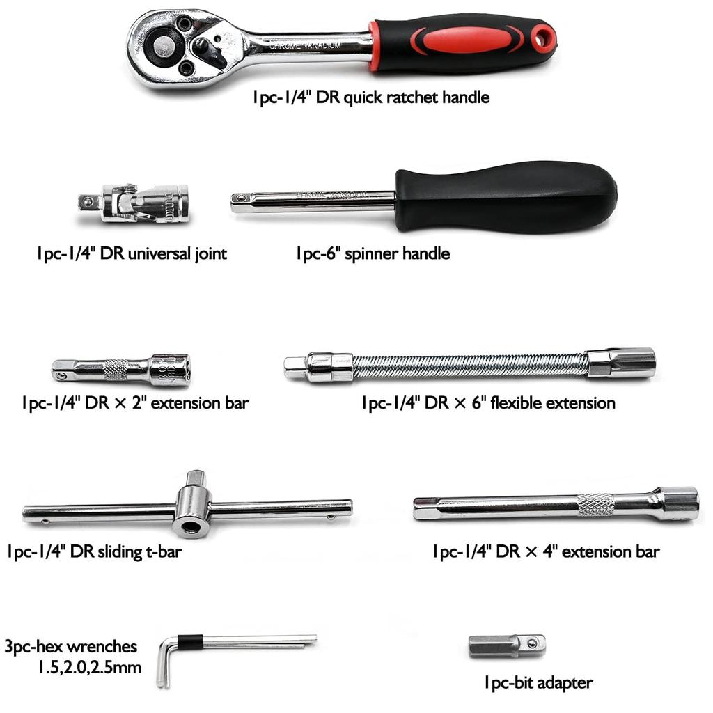 46PCS Small Drive Socket Ratchet Wrench Screwdriver Set, 1/4 Inch Metric Socket and Ratchet Wrench Set with Extension Bar, Compact Tool Set for Car