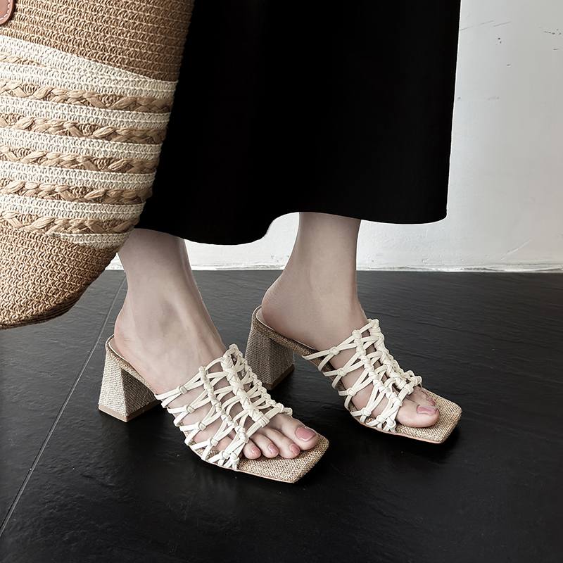 Krazing Pot Straw Weaving Handmade Summer Size 40 High Quality Slip on French Chic Chunky Heels Women Peep Toe Sandals