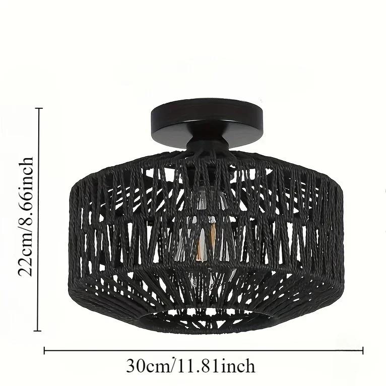 French Farmhouse Retro Chandelier – Handwoven Straw & Jute Shade with Wrought Iron Frame, Rustic Ceiling Lighting for Cafés