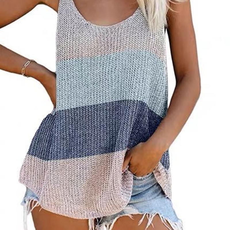 2026 Summer Women's Color Block Knit Tank Top, Round Neck Sleeveless Crochet Vest Cami for Casual Beach & Daily Wear