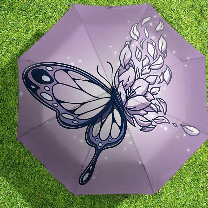 1pc Butterfly Flowers Automatic Folding Umbrella 8 Rib Iron Frame,  Suitable for Travel, Daily Use, Birthday, Women & Men Gift c1231066