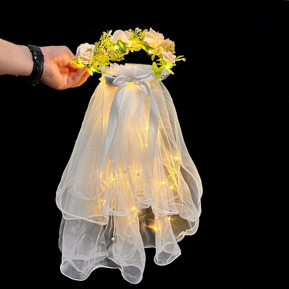 Light Up Hair Accessories Adjustable Floral Wreath Headband Glowing Princess Veil Comfortable Wedding Party Veil For Weddings