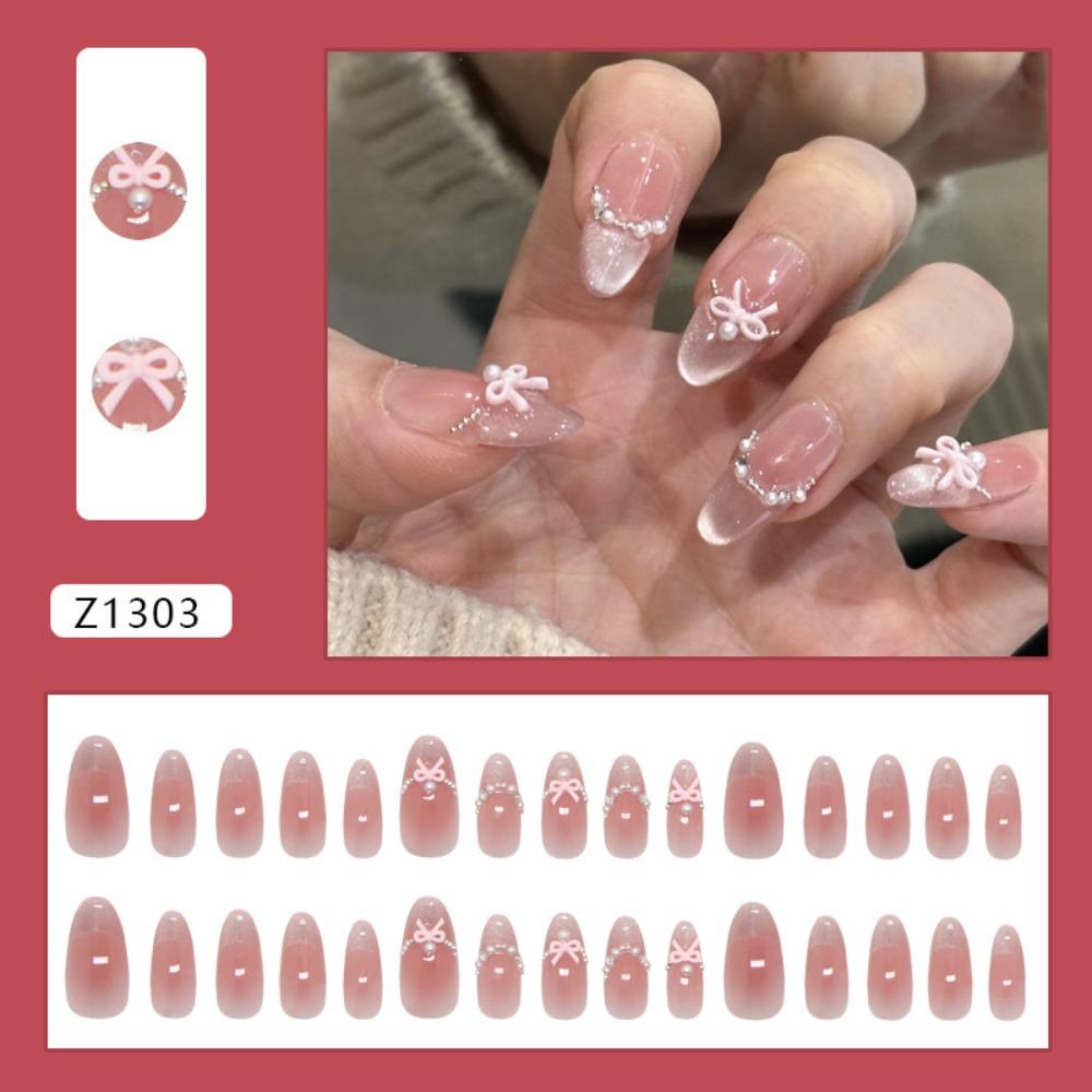 30pcs Long Square and Almond Press on Nails Crystal and Bow Knot Fake Nails False Nails  Women Z1303
