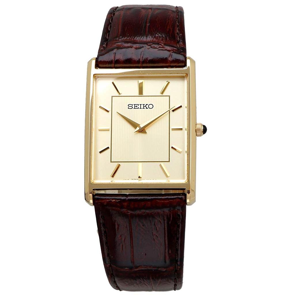 SEIKO Men's Watch Square Design Quartz SWR064 Champagne Gold Dial × Brown Leather Band