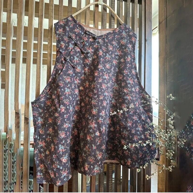 Johnature Frauen Vintage Print Floral Tank Tops O-Ausschnitt chinesischen Stil Kleidung Sommer lose Knopf Frauen Tank