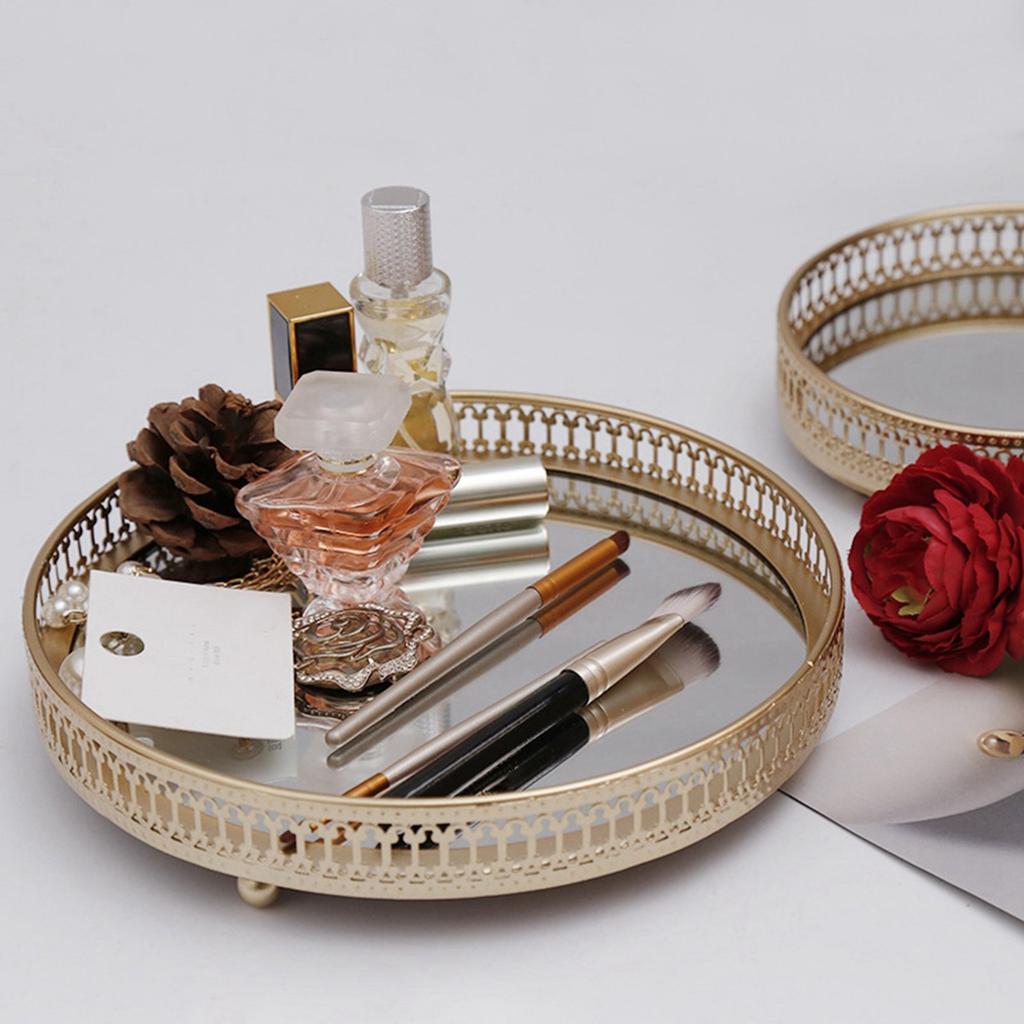 ABWR-2X Golden Iron Jewelry Storage Tray Glass Mirror Makeup Manager Desktop Cosmetic Dessert Display Tray 25Cm & 17.5Cm