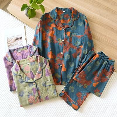 Conjunto de pijama japonés de primavera y otoño para mujer, 100 % algodón, vintage, de manga larga y pantalón, de dos piezas, para decoración del hogar.