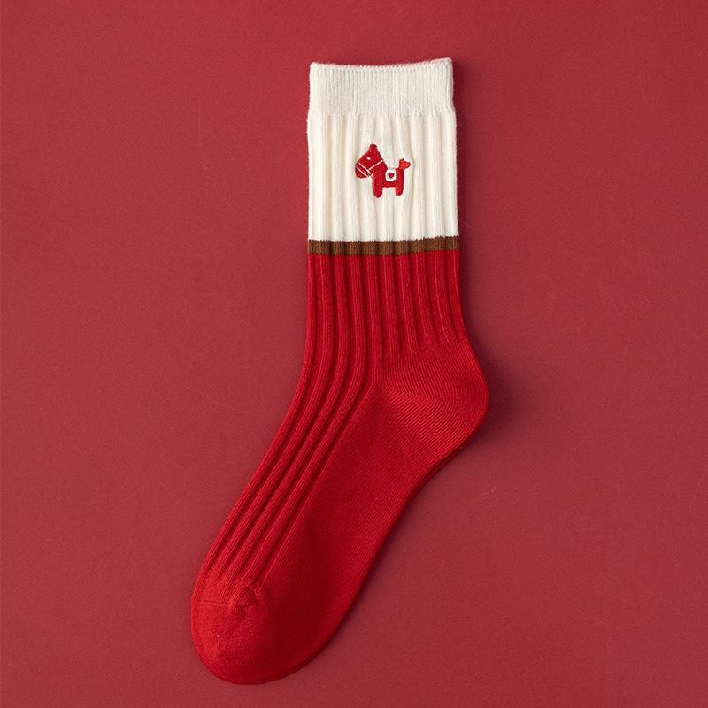 

New Year Christmas Socks, Women s Autumn and Winter Embroidered Socks, Couple Mid-calf Socks, Men s Wedding Big Red Socks 1 pair