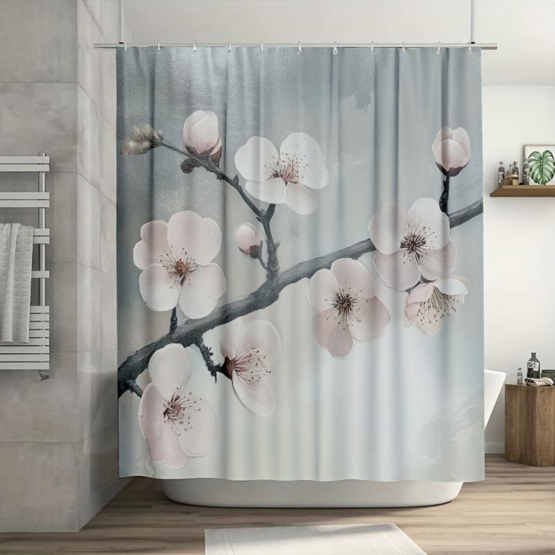 

Plum Blossom Shower Curtain - Soft Brushwork, Serene Watercolor Design, Polyester, Plastic Hooks, Modern Floral Bathroom Decor W60H190(CM)-1 Pcs