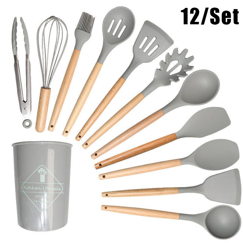 Conjunto de 12 Utensílios de Cozinha com Cabo de Madeira, Silicone Resistente ao Calor, Anti-riscos e Livre de BPA