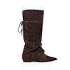 Cowhide retro inner height-increasing pointed head high tube boots, new string-strap pleated thin boots, folded and two stacked boots