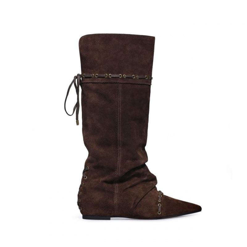 Cowhide retro inner height-increasing pointed head high tube boots, new string-strap pleated thin boots, folded and two stacked boots