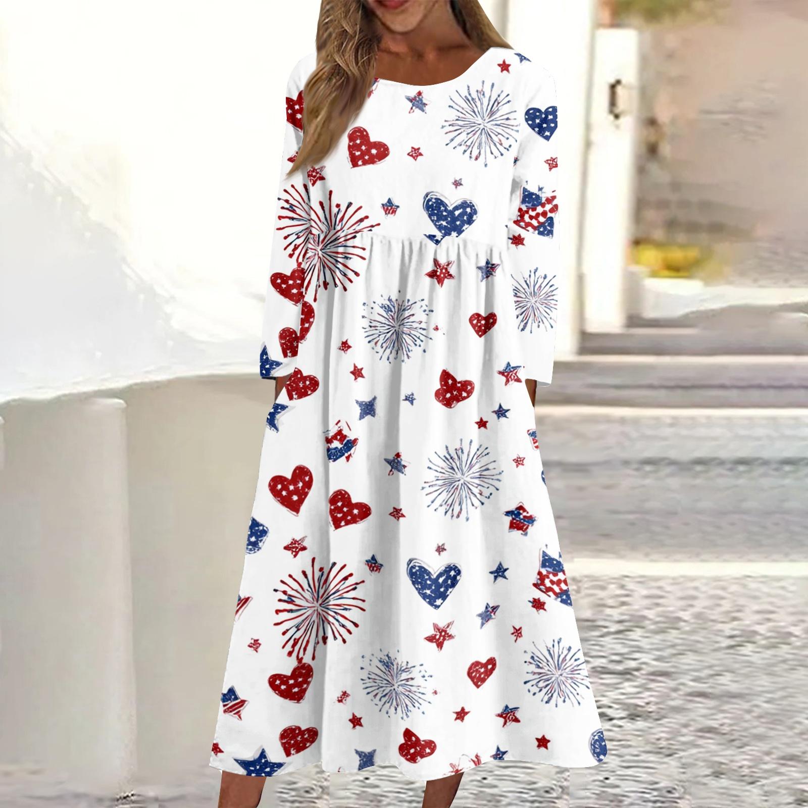 

Women s Casual Crewneck Independence Day Festival Printed Midi Dress Long Sleeve Pocket Dress S