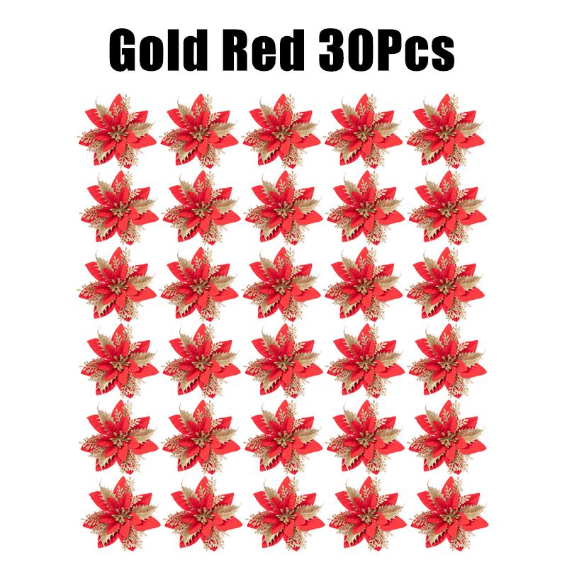 10/30/50PCS Glitter Christmas Flowers Fake Flower Tree Decorations 2026 Home Tree Pendant Ornaments Navidad New Year Gift