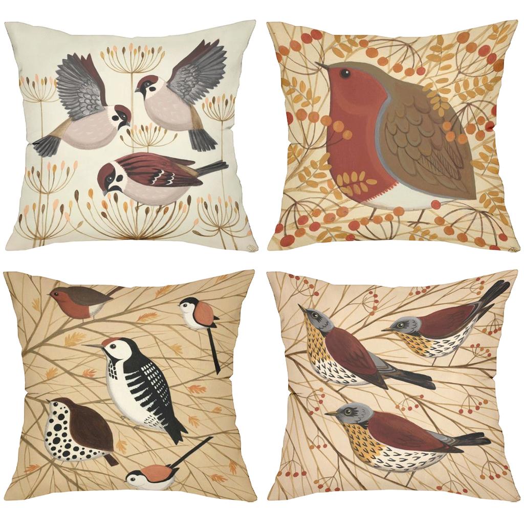 Autumn Bird Patterned Cushions For Home Decor Polyester Pillowcase, Sofa Decorative Cushion Cov Headboard Pillow