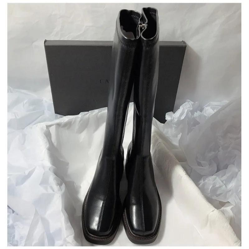 Chunky Heel Square Toe Solid Color Leather Stretch Over-The-Knee Slim Boots Style With Sweater Four Season Fashion Women Boots