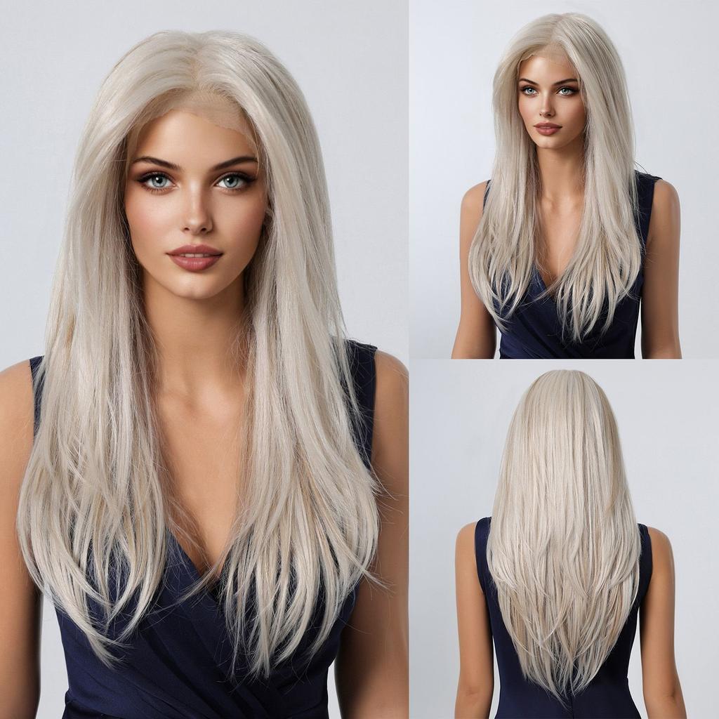 LOUIS FERRE Synthetic 13x6 Lace Wigs Long Straight Hair Gray Ombre Wigs Daily Use Party Wig for White Women Heat Resistant