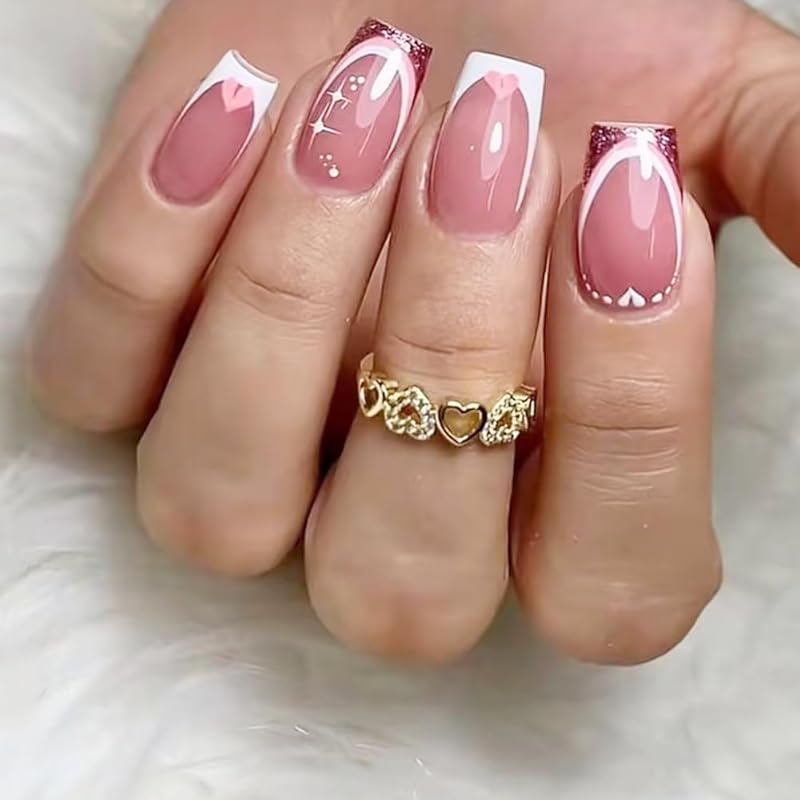 JUHUI Flower Press on Nails Short Square False Nails with Floral Design Orange Purple French Tip Nails 24Pcs