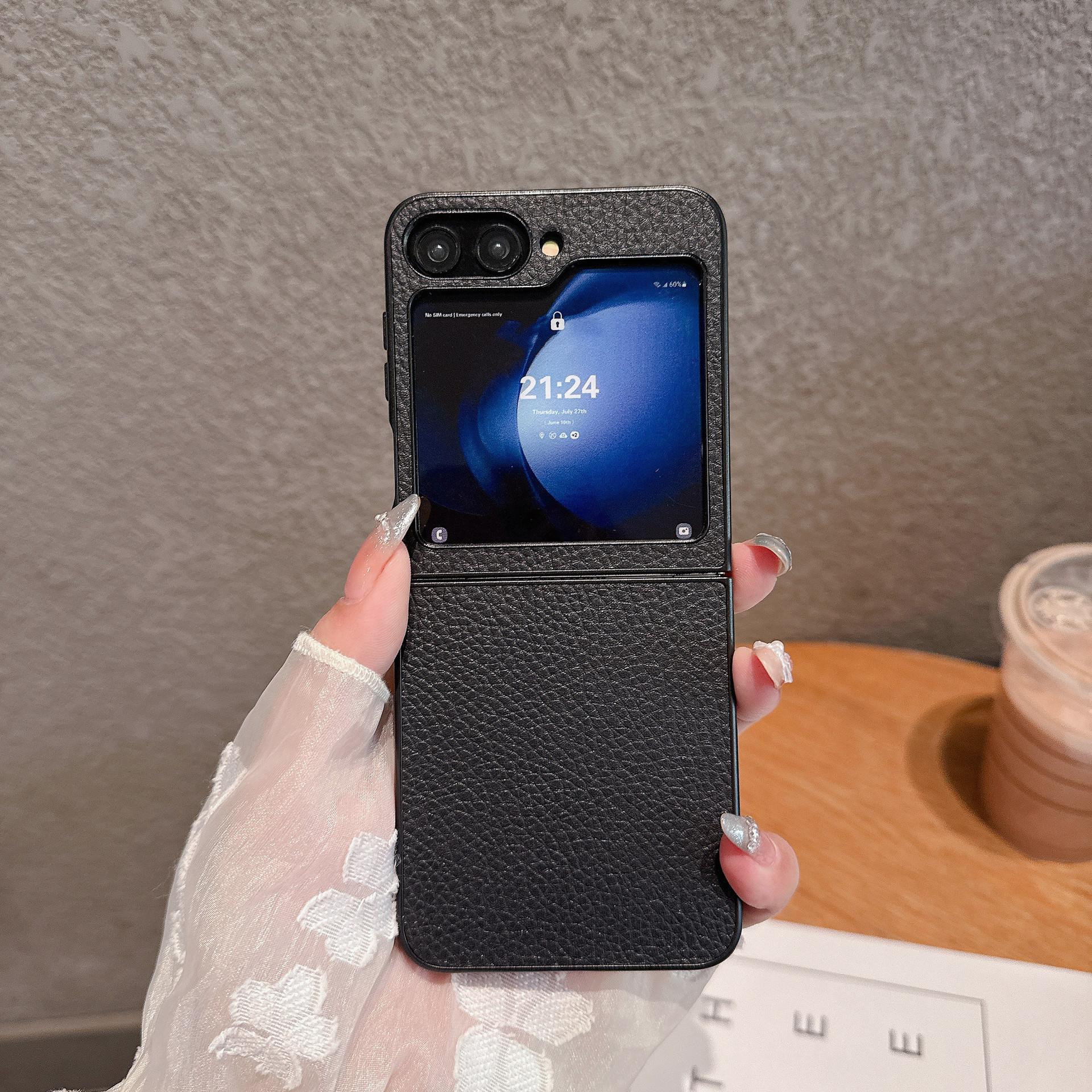 

Подходит для чехла для мобильного телефона Samsung Z Flip7 Z Flip4 5 6 Металлическая краска Узор из кожи личи Складная защитная крышка Samsung Z Flip3