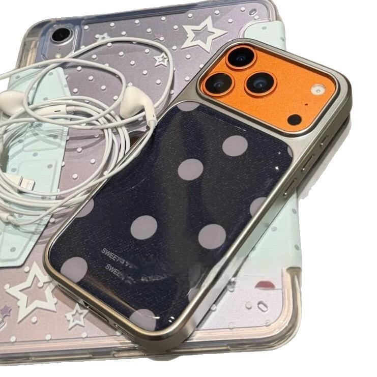 Korean retro denim pattern polka dots are suitable for Apple 16/17Pro Epoxy water condensation mobile phone case IP15 niche 14 sets