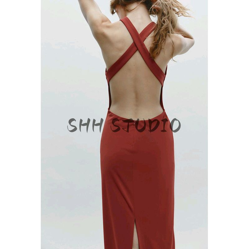 Spring New Women's Clothing French Style Ruched Decorative Back Cross Hanging Collar Midi Skirt Dress 2318262