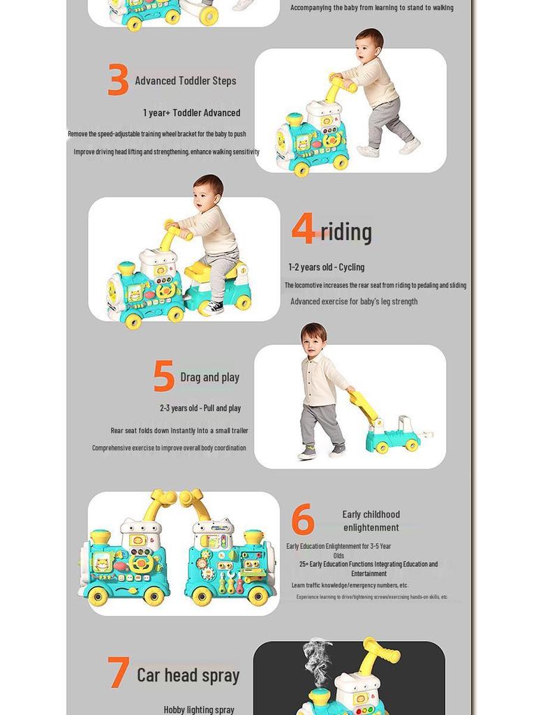 Baby Walker Stroller: Multi-functional Ride-On Steam Train Educational Toy