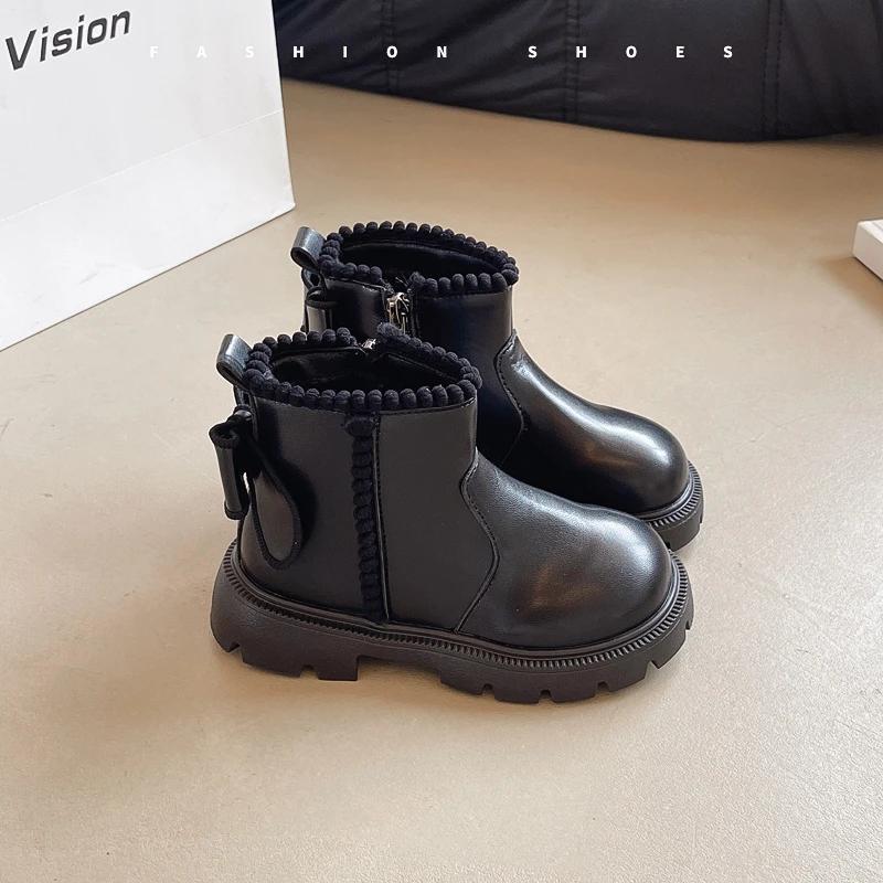 2024 Dětské krátké boty pro dívky Podzim Zima Nová móda Korejský styl Měkká podrážka Protiskluzové Všestranné Sladké boty s mašlí