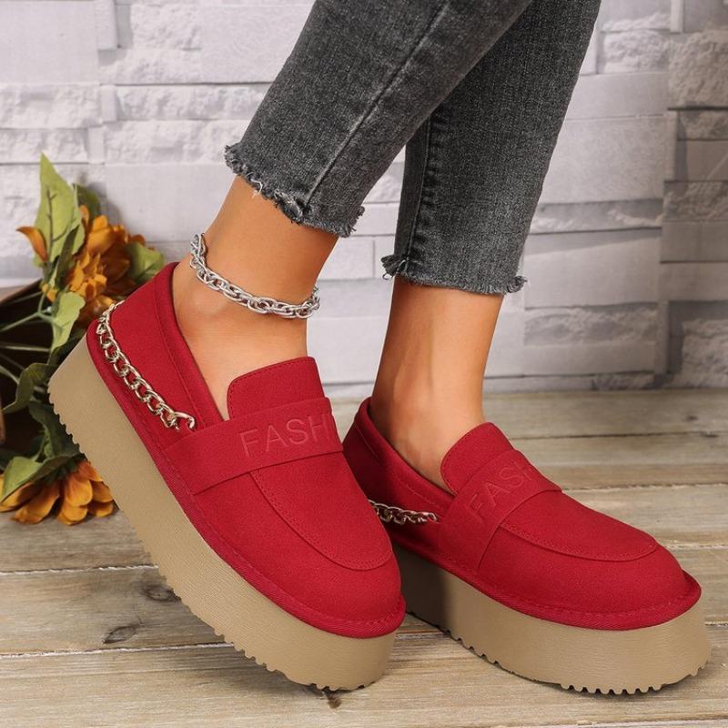 Fashion Spring New Flat Shoes Women's Fashion Round Head Deep Mouth Suede Metal Chain Thick Sole Non-slip Single Shoes
