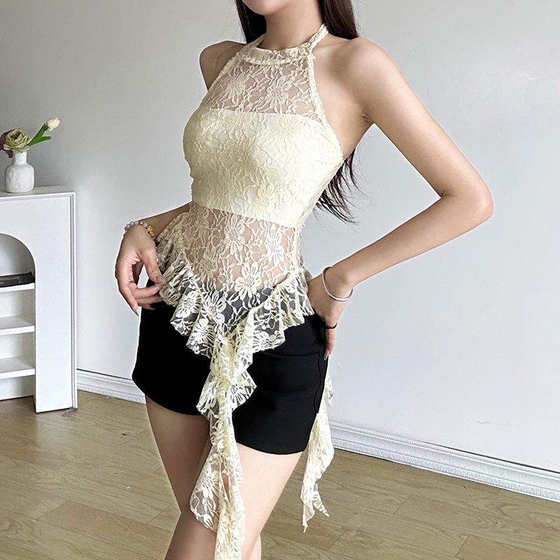 European and American style summer new women's clothing pure desire round neck hanging neck hollow backless irregular edge small vest