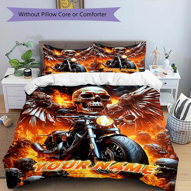 3PC Custom Name Biker Spirit: Fire Wings Bedding Set Duvet Cover Closure Includes 1 Duvet Cover & 2 Pillowcases for Bedroom
