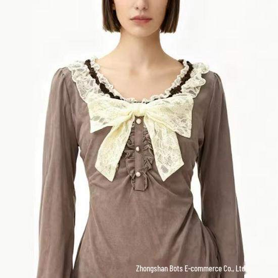 American Retro Brown Lace Bowknot Women's Square Neck Slim-Fit Long Sleeve Top